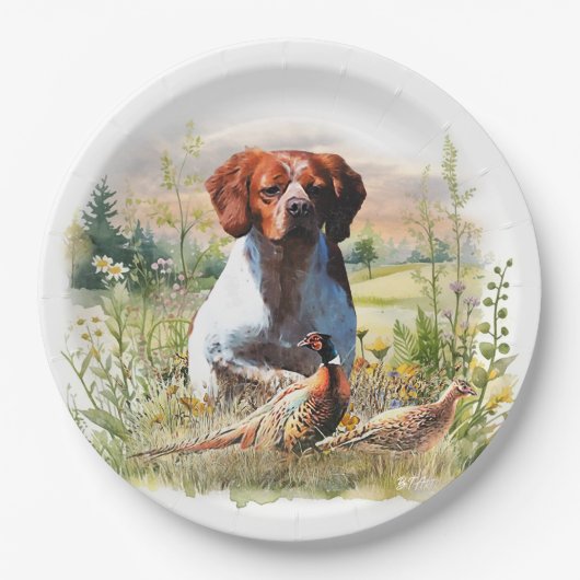 Brittany Spaniel – Field, Focus, Pheasant , Art  ペーパープレート (正面)