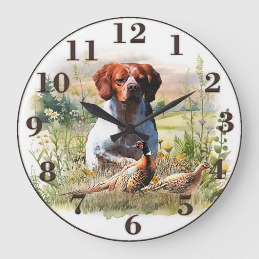 Brittany Spaniel – Field, Focus, Pheasant , Art  ラージ壁時計 (正面)