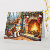 Brittany Spaniel Fireplace with Christmas Lights カード (黄色い花)