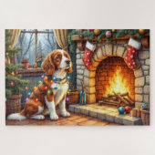 Brittany Spaniel Fireplace with Christmas Lights ジグソーパズル (横)