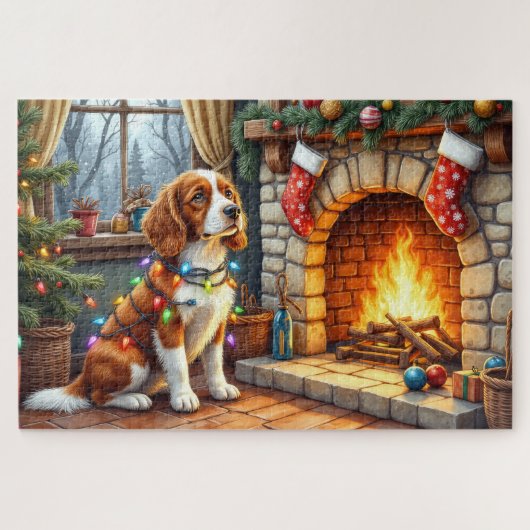 Brittany Spaniel Fireplace with Christmas Lights ジグソーパズル (横)