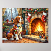 Brittany Spaniel Fireplace with Christmas Lights ポスター (正面)