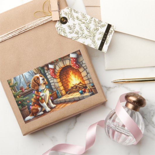 Brittany Spaniel Fireplace with Christmas Lights 長方形シール (ギフト)