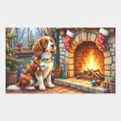 Brittany Spaniel Fireplace with Christmas Lights 長方形シール (正面)