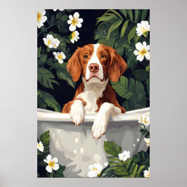 Brittany Spaniel In Bathtub Poster, Funny Dog ポスター