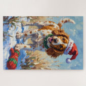 Brittany Spaniel Pointing at Santa's Glove Hat ジグソーパズル (横)