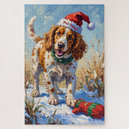 Brittany Spaniel Pointing at Santa's Glove Hat ジグソーパズル (縦)