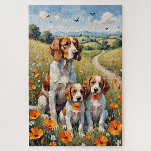 Brittany Spaniel Poppy Field Art ジグソーパズル (縦)