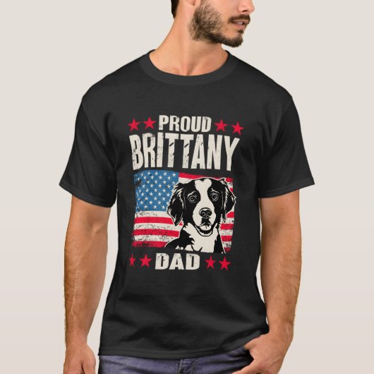 Brittany Spaniel Proud Brittany Dad American Flag Tシャツ (正面)