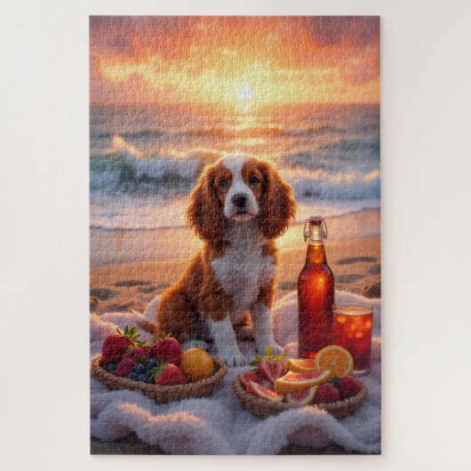 Brittany Spaniel Sunset Beach Picnic ジグソーパズル (縦)