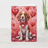 Brittany Spaniel Valentine’s Day Dog with Hearts カード (正面)
