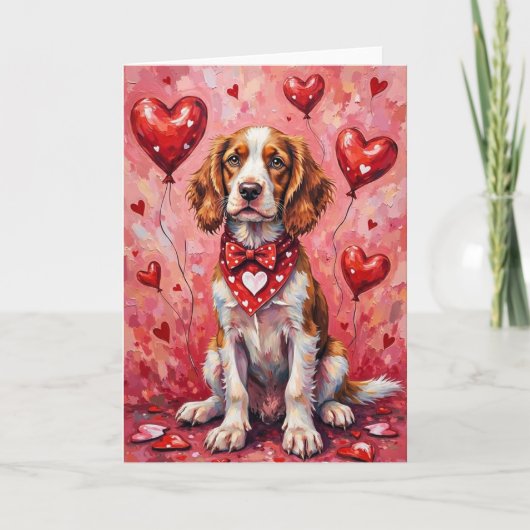 Brittany Spaniel Valentine’s Day Dog with Hearts カード (正面)