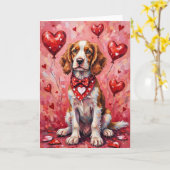 Brittany Spaniel Valentine’s Day Dog with Hearts カード (黄色い花)