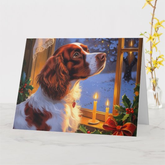 Brittany Spaniel with Christmas Lights Holiday カード (黄色い花)