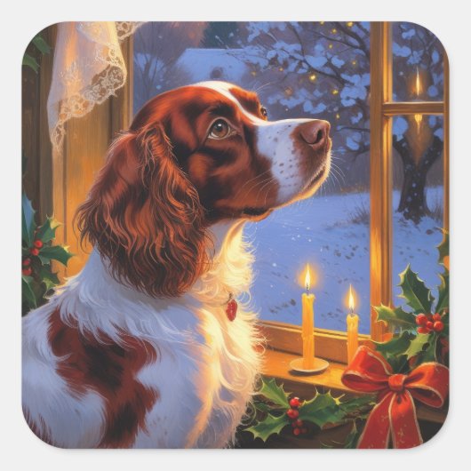 Brittany Spaniel with Christmas Lights Holiday  スクエアシール (正面)