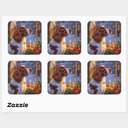 Brittany Spaniel with Christmas Lights Holiday  スクエアシール (シート)