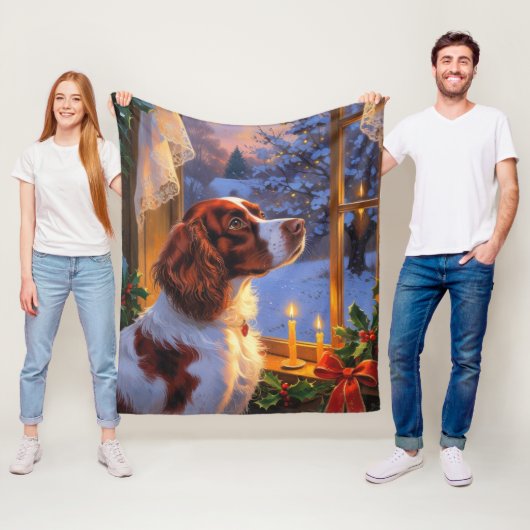 Brittany Spaniel with Christmas Lights Holiday  フリースブランケット (インサイチュ)