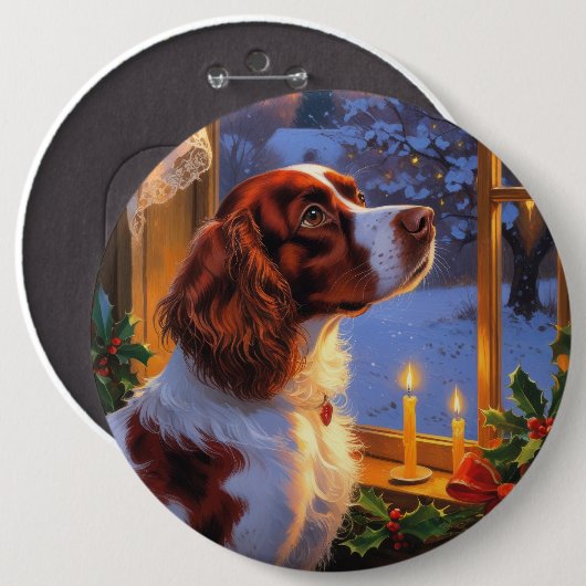 Brittany Spaniel with Christmas Lights Holiday  缶バッジ (正面&裏面)