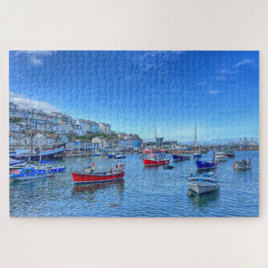 Brixham Harbor: Colorful Boats & Devon Hillside ジグソーパズル (横)
