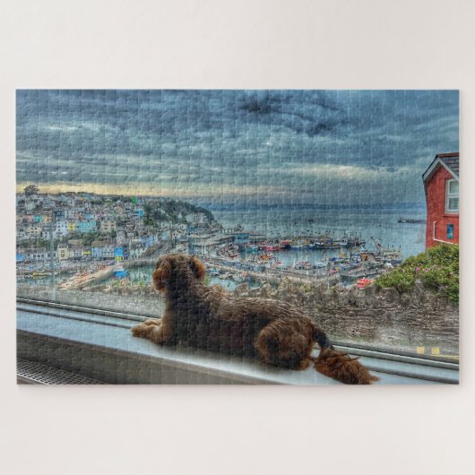 Brixham Rain: Cozy Harbor View & Puppy Friend ジグソーパズル (横)