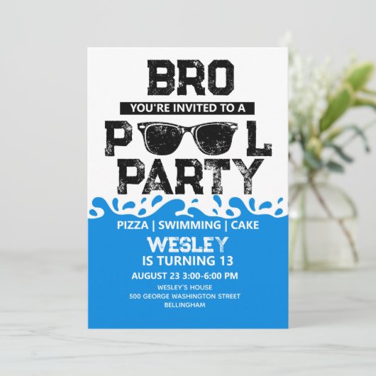 BRO Blue Pool Party Boy Birthday 招待状 (スタンド正面)