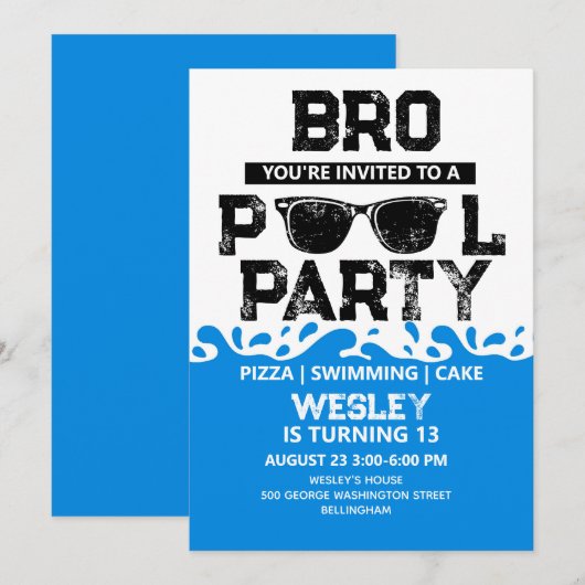 BRO Blue Pool Party Boy Birthday 招待状 (正面/裏面)