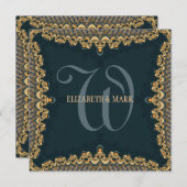 Brocadeモノグラムティール(緑がかった色)と金ゴールド結婚式招待状 招待状 (正面/裏面)