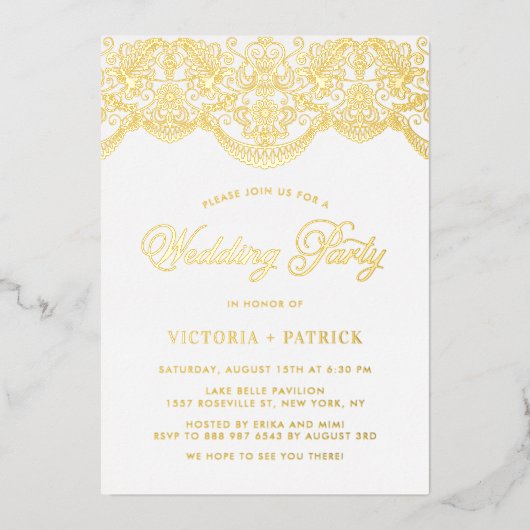 Brocadeレースエレガントフォトウェディングパーティー 箔招待状 (正面)