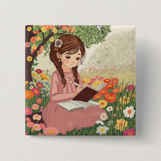 Broche Botton quadrado Menina no Jardim 缶バッジ (正面)