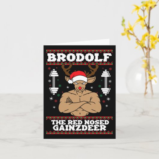 Brodolf Funny Christmas Buff Reindeer Gym Bodybuil カード (黄色い花)