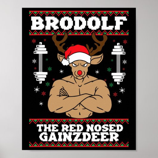 Brodolf Funny Christmas Buff Reindeer Gym Bodybuil ポスター (正面)