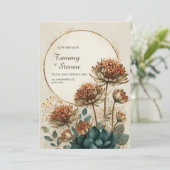 Bronze Astrantia Teal Botanical Wedding 招待状 (スタンド正面)