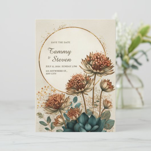 Bronze Astrantia Teal Botanical Wedding 招待状 (スタンド正面)