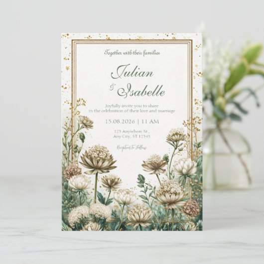 Bronze Emerald Watercolor Astrantia Wedding 招待状 (スタンド正面)