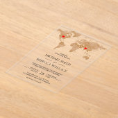 Bronze Marble World Map Traveling Hearts Wedding アクリル招待状 (レイダウン)