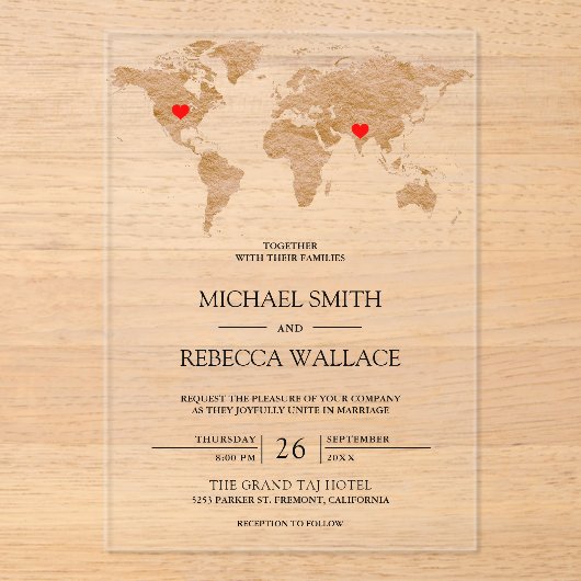Bronze Marble World Map Traveling Hearts Wedding アクリル招待状 (正面)