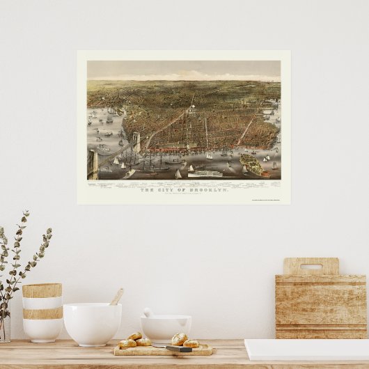 Brooklyn, NY Panoramic Map - 1879 ポスター (キッチン)