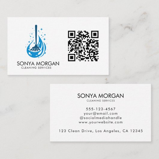 Broom Logo モダン Cleaning Services QRコード 名刺 (正面/裏面)