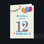 Brother 12誕生日Bunting Balloons Card カード<br><div class="desc">12歳の兄のためのカラフル誕生日カードは、大きな数の12は、鮮やかな青で縁取られたオレンジ、赤と青のパターンで満たされる。上部に風船やバンティングがあり、色の合うフロントの挨拶は、鮮やかな赤と青のレタリングで、「ブラザー、あなたは12、今日！」と呼ばれる単語の両側に赤とオレンジの星と非常に黄色と白の水玉模様の背景に淡い色のは、赤と白の。内側のメッセージはカスタマイズ簡単に削除もしできる。</div>