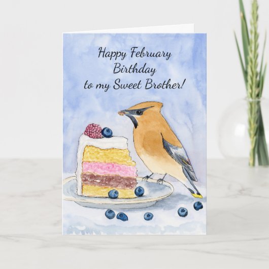 Brother Happy February Birthday Cedar Waxwing Cake カード (正面)