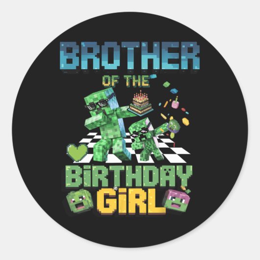 Brother Of The Birthday Girl Funny Video Game Pixe ラウンドシール (正面)