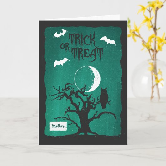 Brother Owlのハロウィン曲がった木の月とこうもり カード (黄色い花)