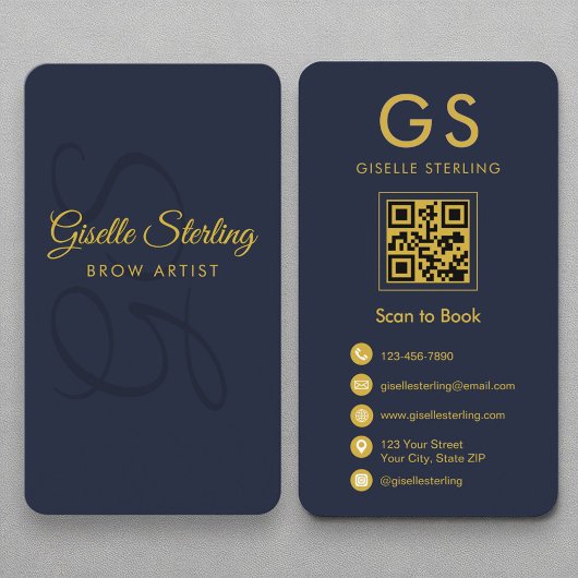 Brow Artist Monogram Navy Blue Gold QR Code 名刺