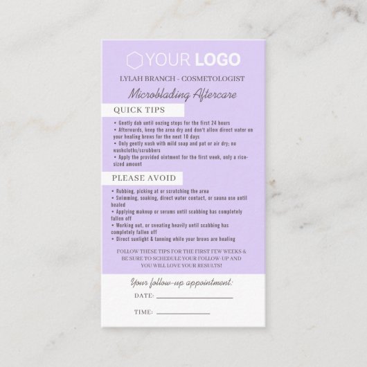 Brow Microblading After Care &アポイントメント 名刺 (正面)