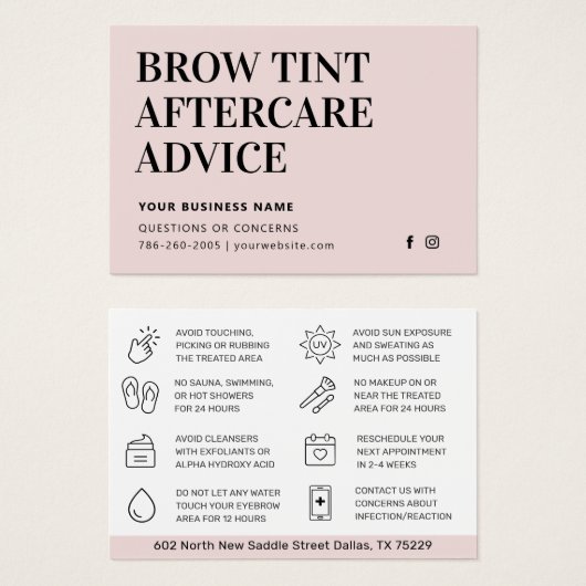 Brow Tint モダン Aftercare Instructionsカード (正面&裏面)