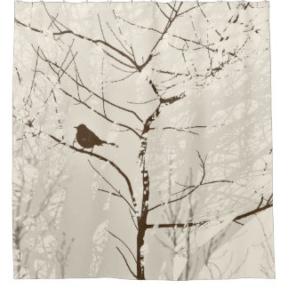 BrownとAlmond Bird in Tree Graphic Neutral シャワーカーテン