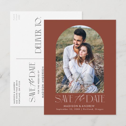 Brown | シンプル モダン アーチ 写真 Save the Date 案内ポストカード (正面/裏面)