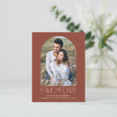 Brown | シンプル モダン アーチ 写真 Save the Date 案内ポストカード (スタンド正面)