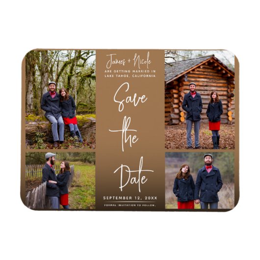 Brown モダン 4枚の写真が日付を保存結婚する マグネット (横)