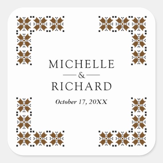 Brown and Black Ukrainian Embroidery Wedding スクエアシール (正面)